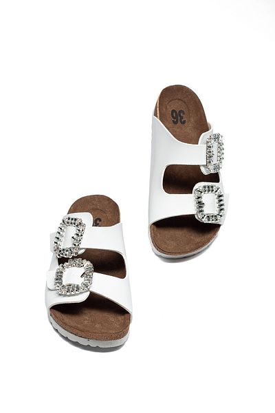 İpek Women's Black Color Double Buckle Stone Comfortable Mold Orthopedic Slippers