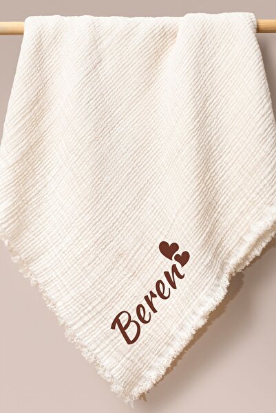 Minytrendy طفلة صبي 85*100 سم اسم مطبوع 4 طبقات مزدوجة الجوانب بطانية موسلين عضوي 85*100 سم كريمي