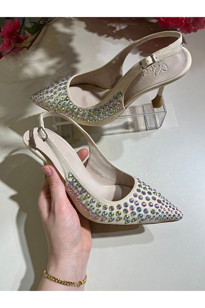 İST FİDAN KUNDURA Women's Open Back Stone Detailed Heeled Shoes
