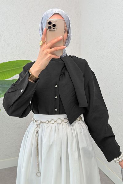 Salih Çelebi Cămașă Hijab cu guler eșarfă 2298 - NEGRU