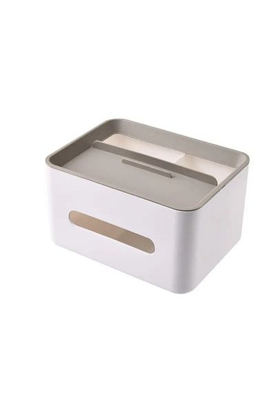 ABYZ Cutie pentru șervețele cu suport pentru telefon, telecomandă, multifuncțională, dimensiuni 21x16x12cm, culoare alb/gri