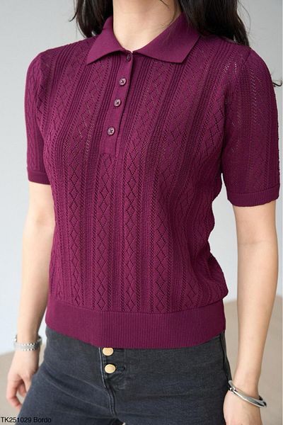 Litesa Women's Polo Neck Openwork Short Sleeve Viscose Knitwear Sweater
