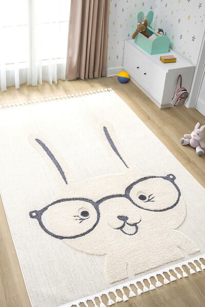 Eliz Home Krem Yumuşak Bukleli Tavşan Figürlü Dokuma Halı Bebek Odası Çocuk O...