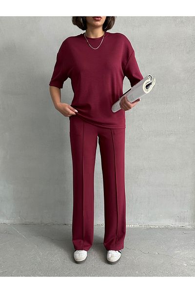 Lusin Women's Burgundy Soft Modal Fabric Short Sleeve Pants Blouse Bottom Top Double Set