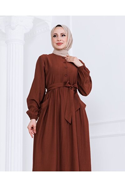 NEW STYLE Kuşaklı Düğmeli Viskon Elbise - Kahverengi