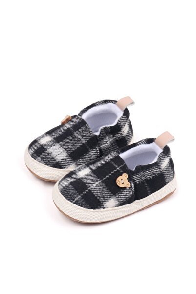 Superbaby Pantofiori bebeluși alb-negru în carouri pentru primii pași, cu urs...