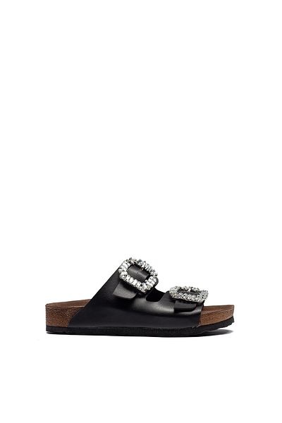 İpek Women's Black Color Double Buckle Stone Comfortable Mold Orthopedic Slippers