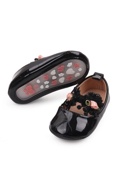 Superbaby Pantofiori eleganti negrii cu trandafirasi roz