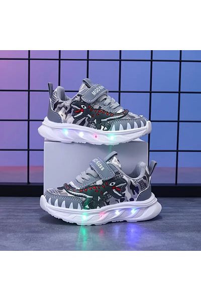 Superbaby Kids' LED Light Up Sneakers with Dinosaur Design Grey