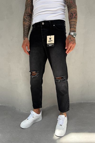MADZEYMODA Καπνιστό ύφασμα τζιν με σκισίματα Boyfriend Fit Ανδρικό τζιν παντελόνι KE-325
