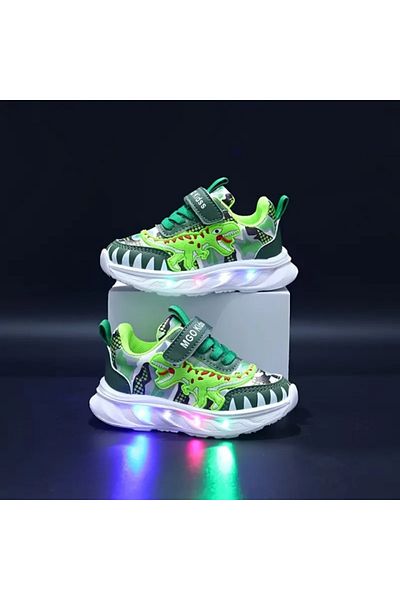 Superbaby Kids' LED Light Up Sneakers with Green Dinosaur Design