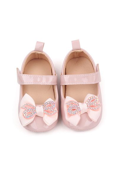 Superbaby Pink patent leather shoes with rhinestone bow
