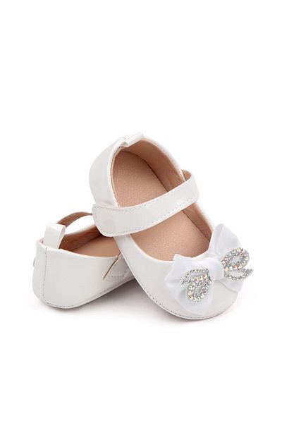 Superbaby Pantofiori cu fundita cu strasuri, albi, din lac