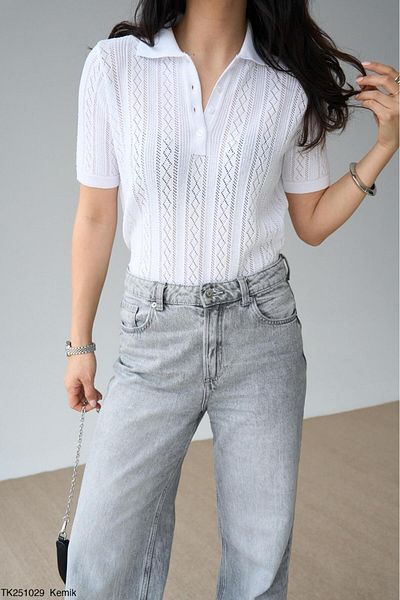 Litesa Women's Polo Neck Openwork Short Sleeve Viscose Knitwear Sweater