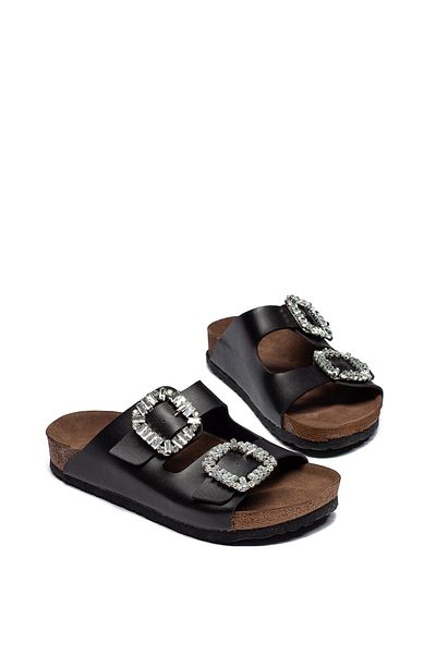 İpek Women's Black Color Double Buckle Stone Comfortable Mold Orthopedic Slippers