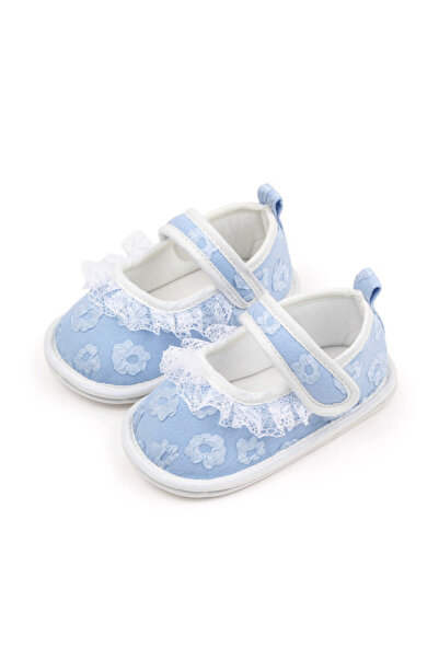 Superbaby Pantofiori bleu cu floricele brodate