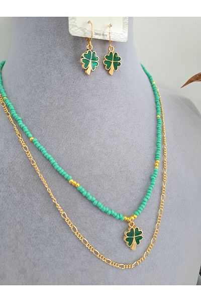 İPAR AKSESUAR Sand Beaded Chain Double Necklace & Earrings Set