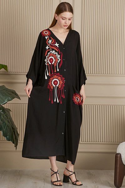 AYASOFYA OTANTIK Women's Black Ethnic Authentic Embroidery Detailed Oversize Loose Shirt Dress with Pockets