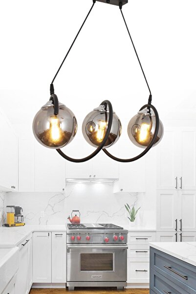 Taşcan Aydınlatma Sarmal 3 Lü Siyah Krom Avize Füme Camlı Dekoratif Tasarım Yatak Odası Mutfak Salon Avize