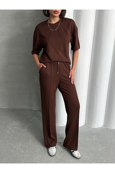 Lusin Women's Brown Soft Modal Fabric Short Sleeve Pants Blouse Tracksuit Set