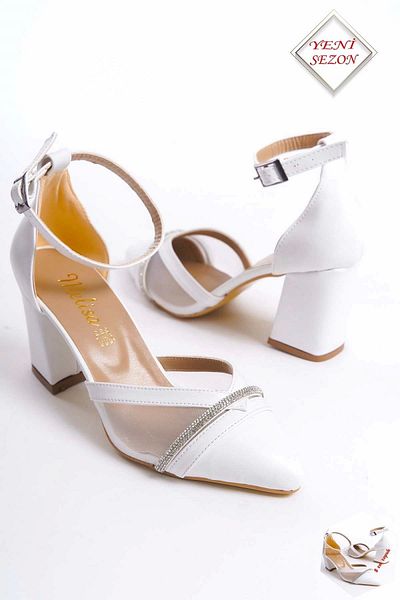 CAMOLLA White Leather Stoned Mesh Thick Heeled Shoes