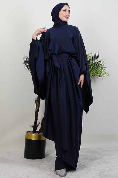 GİYZAMİLA Diva Satin Evening Dress Navy Blue
