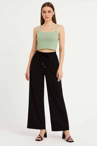alpike Women's Black Elastic Waist Wide Leg Loose Summer Trousers Aerobin Alpike