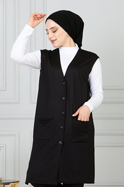 FATELLA Anne Kadın Uzun Ince Düğmeli Cepli Penye Yelek Anneler Günü