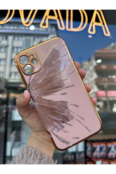 OVADA iPhone 11 Uyumlu Kamera Korumalı Gold Kenarlı Kelebek Kanadı Baskılı Silikon Kılıf