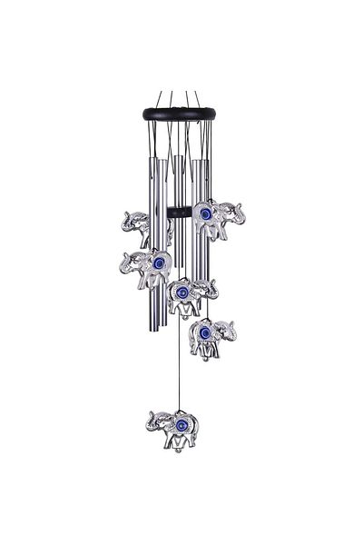 PUFO Clopoțel de vânt cu 5 tuburi sonore metalice argintii pentru casă sau grădină, model Feng-Shui cu 6 elefanți