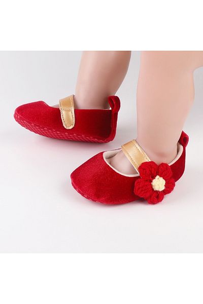 Superbaby Red velvet shoes with appliquéd flowers
