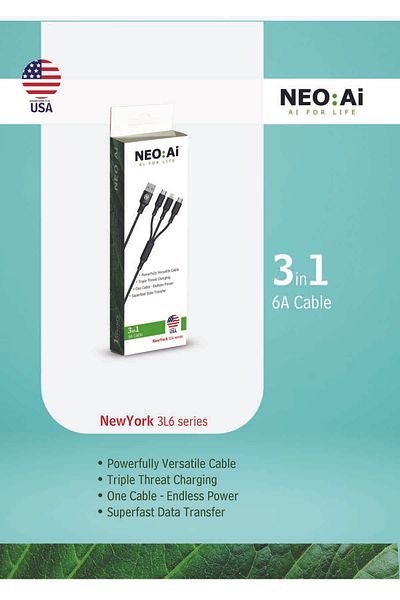 NEO:Ai 3in1 6A Fast Charging Cable | NewYork 3L6 Series | Superfast Data Transfer - 1 Cable for All Devices