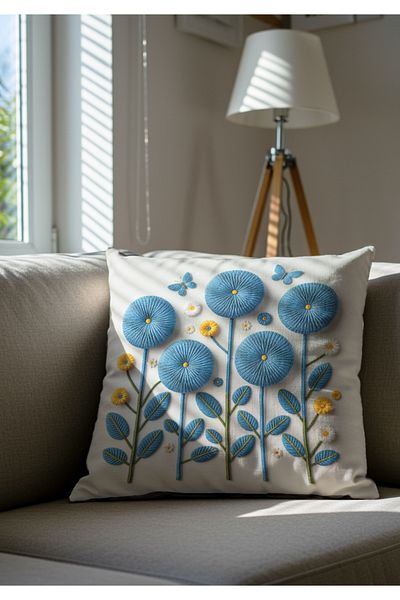 Artvibe Punch Embroidery Pattern Digital Printed Blue White Summer Themed Floral 2-Piece Throw Pillow Cover