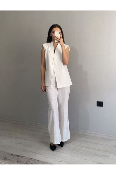 Niceboutique Double Breasted Collar Padded Vest Back Waist Elastic Loose Trousers Linen Set