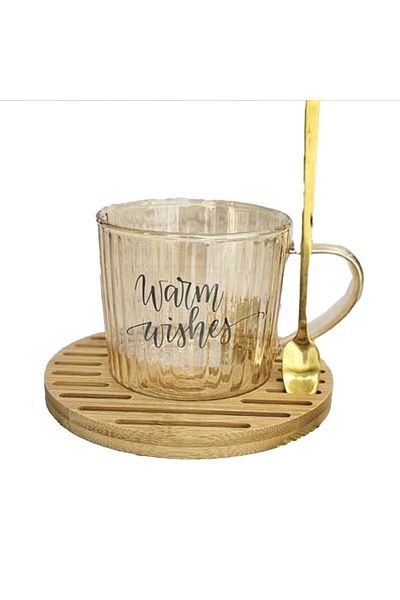 PUFO Glass mug with bamboo stand and Pufo Warm Wishes spoon for coffee or tea, 200 ml