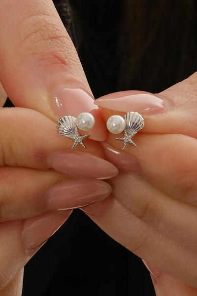 Sümer Telkari İncili Deniz Kabuğu Yıldızı Rodyumlu Mini Gümüş Küpe 7367