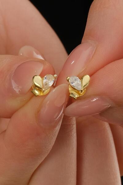 Sümer Telkari Taşlı Kalp Altın Kaplama Mini Gümüş Küpe 7391