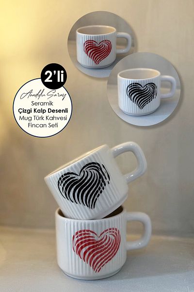 Anadolu Saray Set of 2 Handmade Ceramic Black and Red Heart Pattern Mug Mug Cup |   Mug Cup Coffee Cup