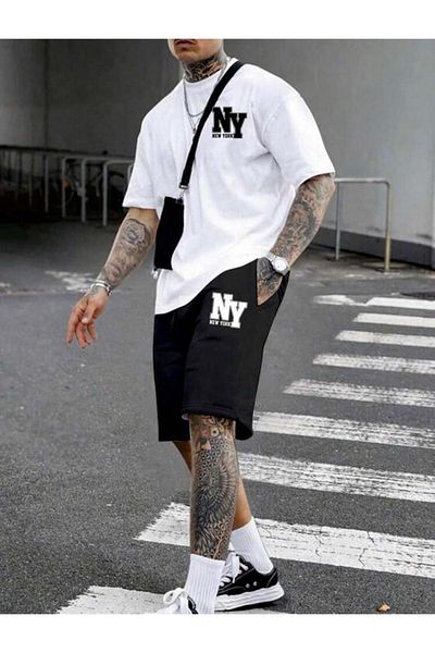 khufu Oversize Crew Neck Bottom Top T-Shirt Shorts Ny New York Printed Double Set