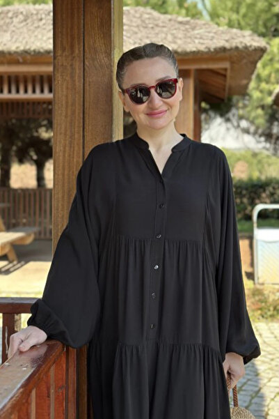 AYASOFYA OTANTIK Women's Black Buttoned Placket Collar Oversize Loose Balloon Sleeve Long Dress