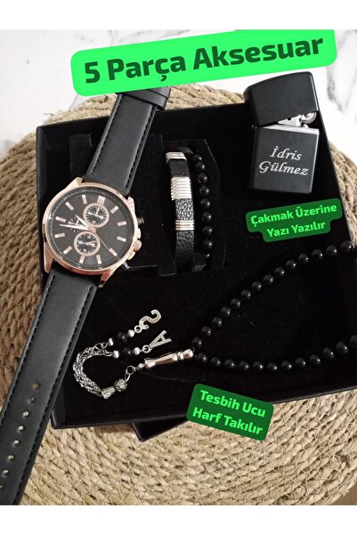 Brality Özel Kutulu Hediyelik Çakmaklı Erkek Kombin Saat Seti ( 5 Parça'lı Ak...