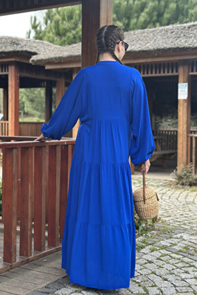 AYASOFYA OTANTIK Rochie lungă, cu mâneci lungi, cu mâneci cu balon, cu guler cu nasturi, albastru