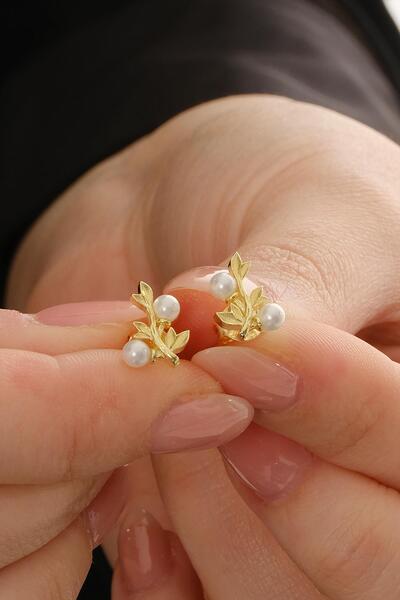 Sümer Telkari İncili Dallı Altın Kaplama Mini Gümüş Küpe 7363