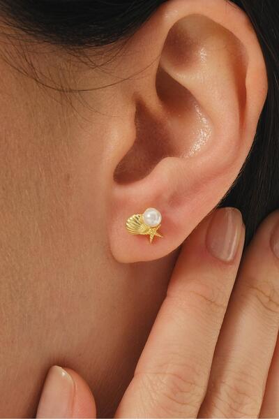 Sümer Telkari İncili Deniz Kabuğu Yıldızı Altın Kaplama Mini Gümüş Küpe 7366