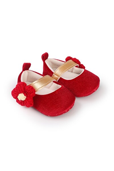 Superbaby Red velvet shoes with appliquéd flowers
