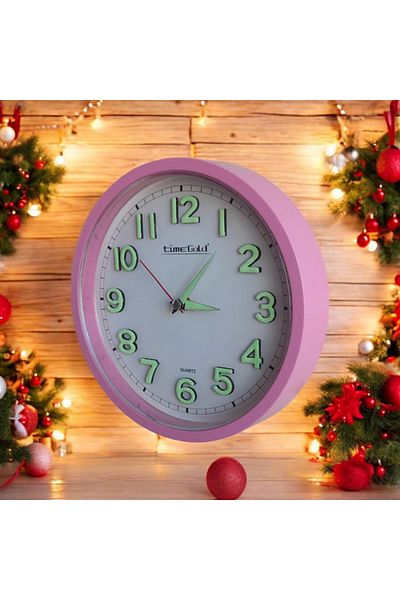 Time Gold Phosphorescent 3D Embossed Number Girl's Room Mini Small Wall Clock Diameter 22 cm Pink