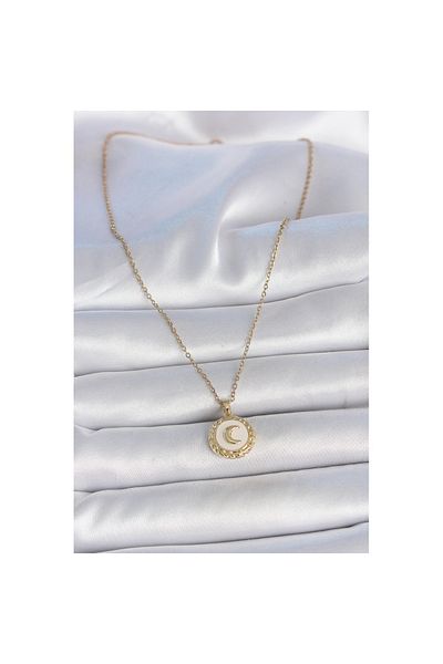 Skygo 316L Steel Gold Color Chain White Enamel Crescent Embroidered Medallion Model Women's Necklace - Tj-Bko10035