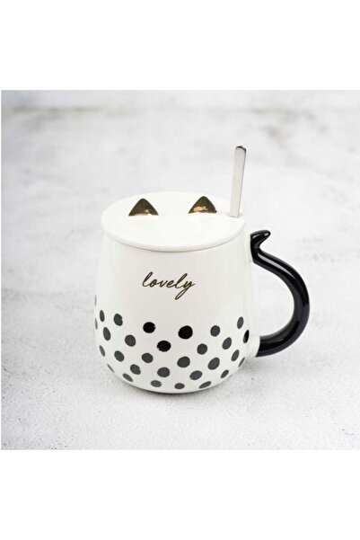 PUFO Ceramic mug with lid and spoon Pufo Lovely for coffee or tea, 450 ml, white