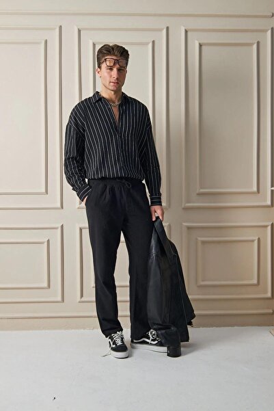 Trendiz Men's Premium Relaxed Fit Elastic Casual Trousers Black