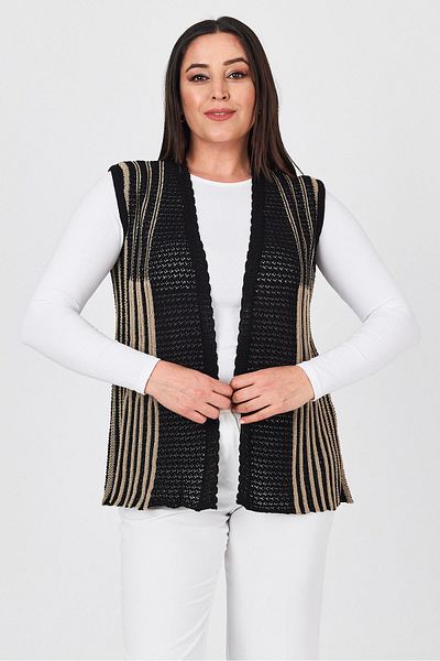 Uludağ Triko Women's Black Double Color Openwork Embroidered Seasonal Knitwear Mother Summer Vest